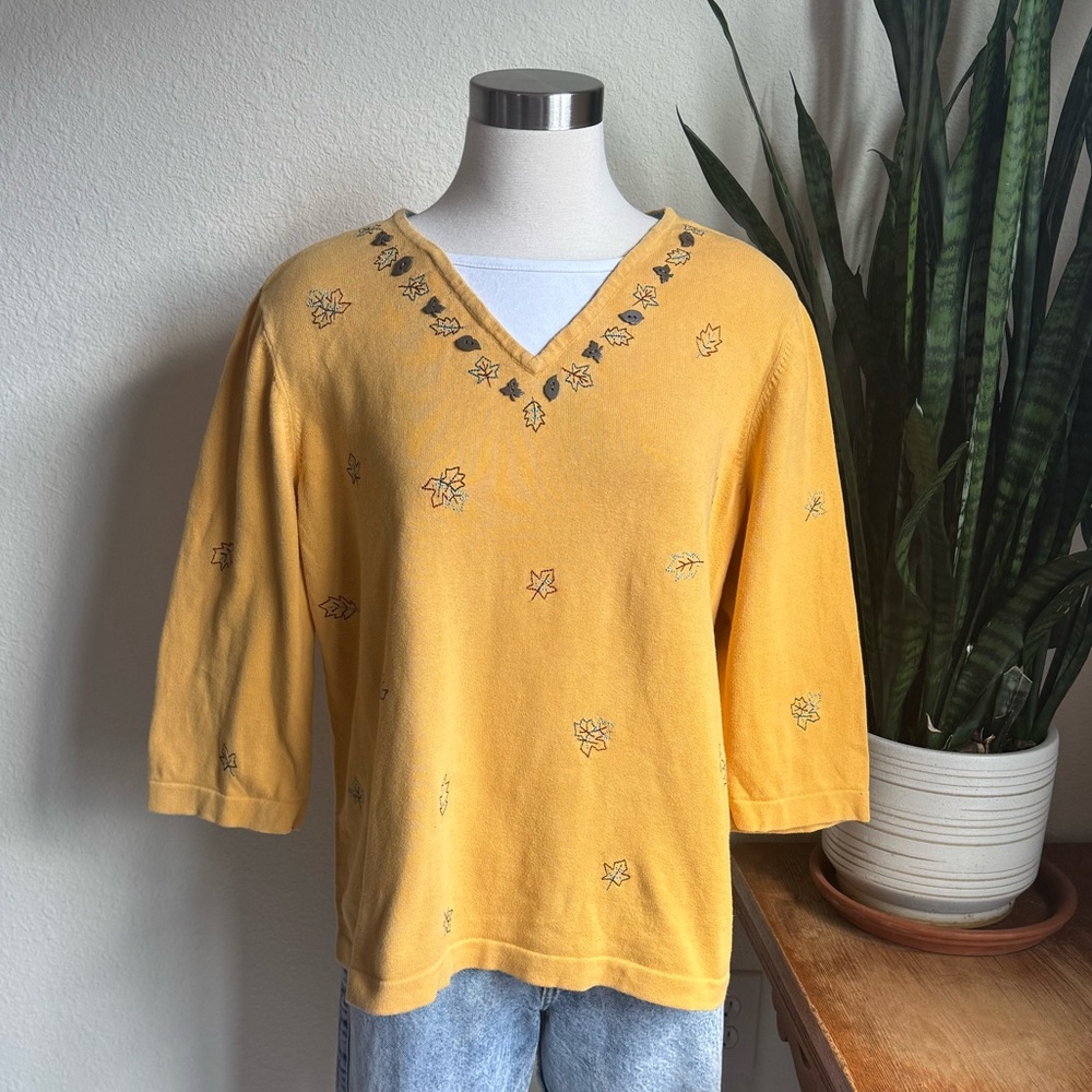 Fall Leaf knit shirt Mustard Yellow Embroidered Cotton Top 2010 teacher size‎ 1X